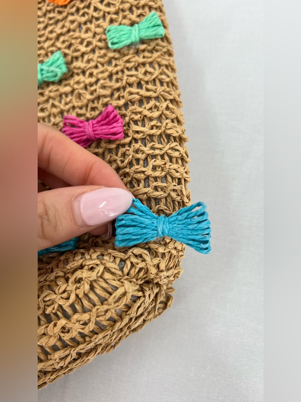 Raffia woven straw colorful Bow Tote Beach Bag euro summer coastal vacation - Picture 16 of 16